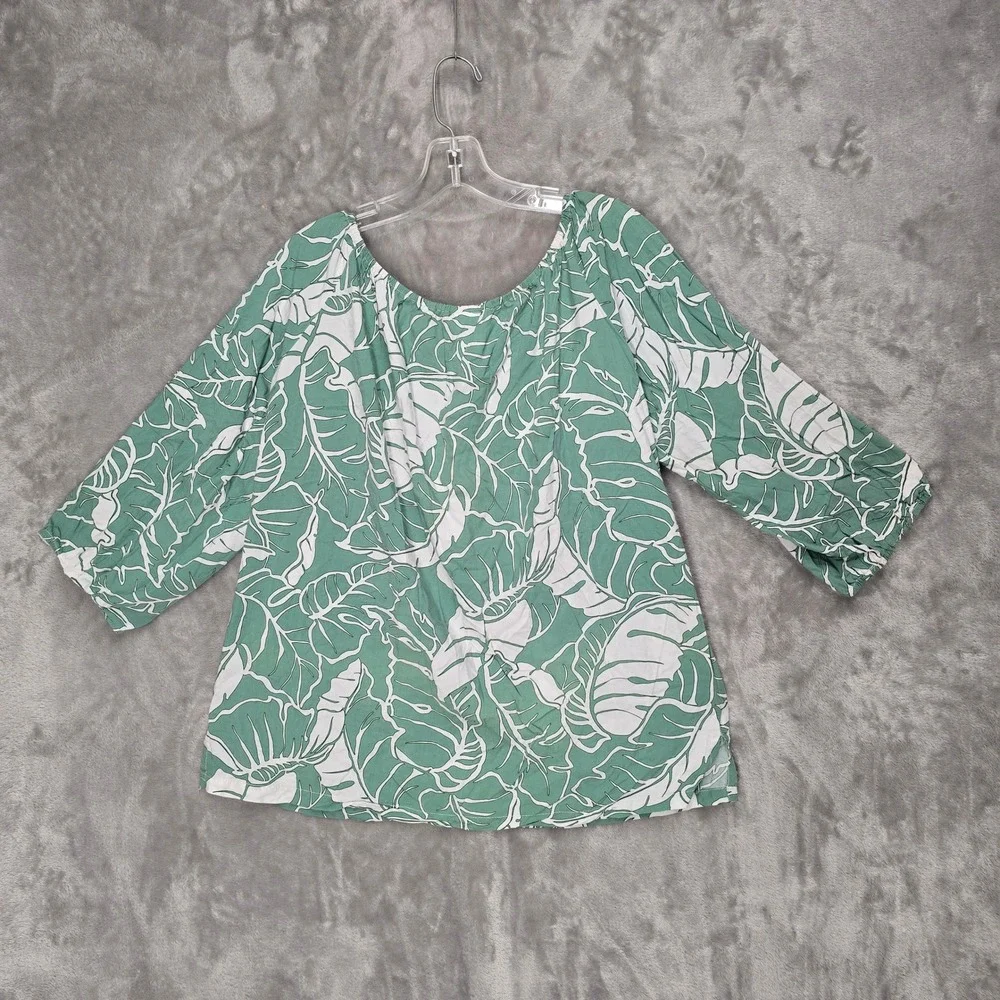 Kalaheo Blouse Top Women 2XL Green Monstera Leaf Print Rayon Tropical Relaxed